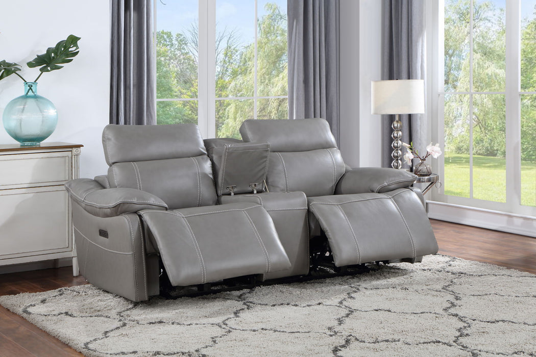 Alpine - Leather Dual Power Console Loveseat - Dark Gray