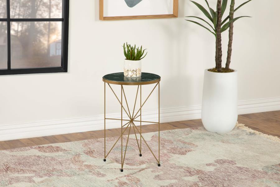 Eliska - Round Green Marble Top Accent Side Table - Antique Gold