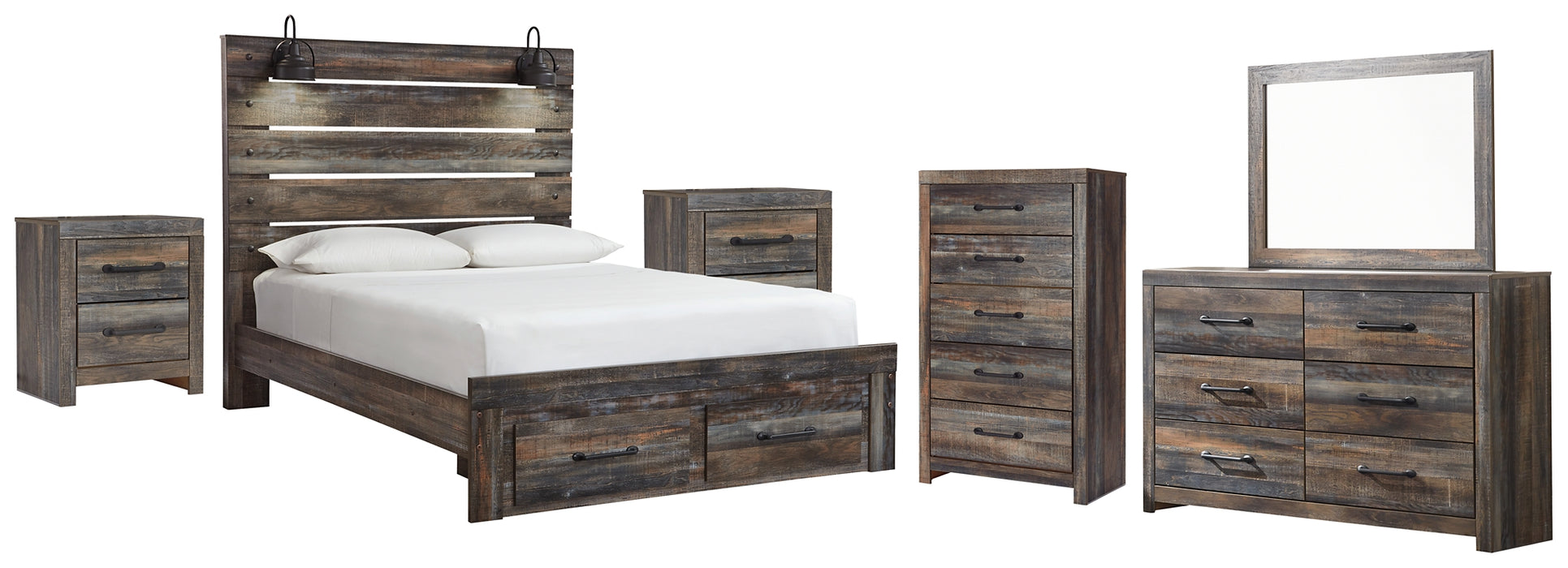 Drystan Queen Panel Bed with 2 Storage Drawers with Mirrored Dresser, Chest and 2 Nightstands