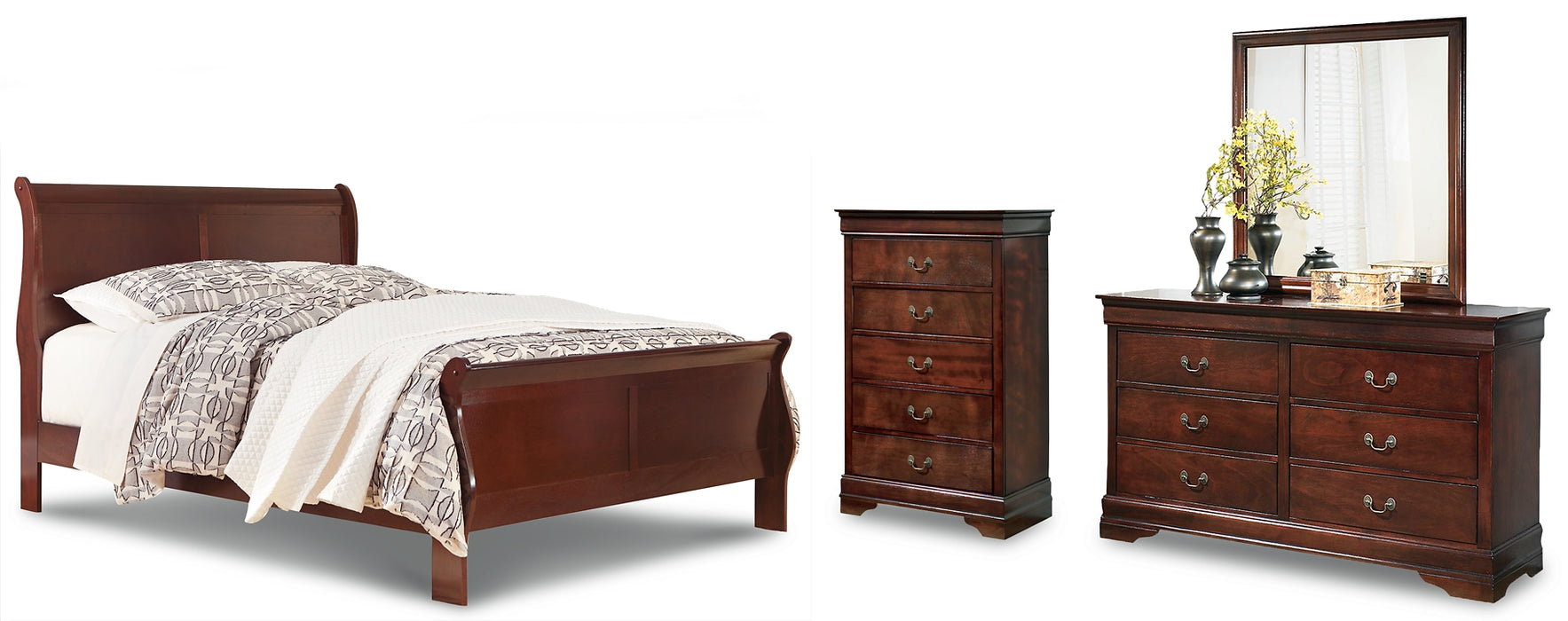 Alisdair  Sleigh Bed With Mirrored Dresser And Chest