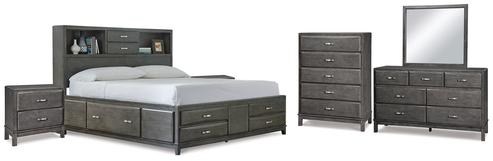 Caitbrook  Storage Bed With 8 Storage Drawers With Mirrored Dresser, Chest And 2 Nightstands