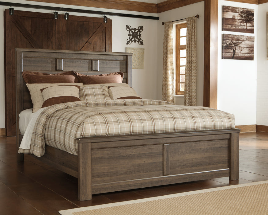 Juararo Queen Panel Bed with Mirrored Dresser, Chest and 2 Nightstands