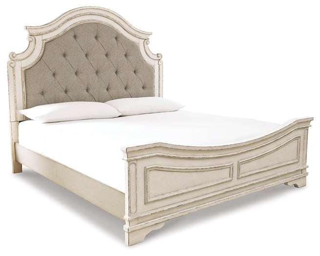 Realyn Queen Upholstered Panel Bed with Mirrored Dresser and 2 Nightstands