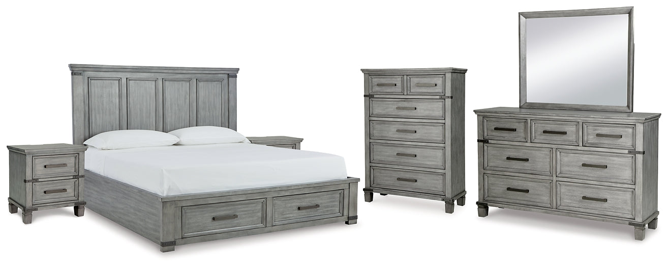 Russelyn California King Storage Bed with Mirrored Dresser, Chest and 2 Nightstands