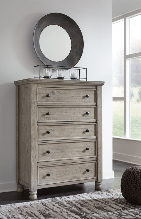 Harrastone Queen Panel Bed with Mirrored Dresser and Chest