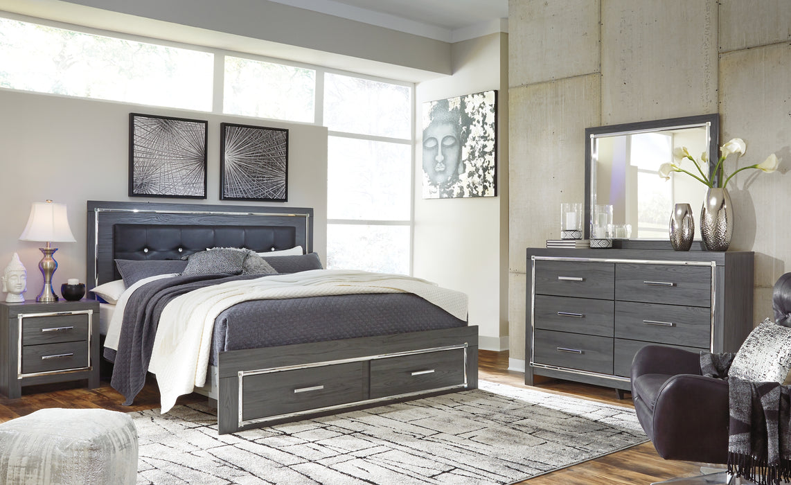 Lodanna King Panel Bed with 2 Storage Drawers with Mirrored Dresser and Nightstand