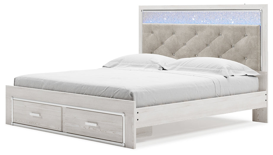 Altyra King Upholstered Storage Bed with Mirrored Dresser and Nightstand