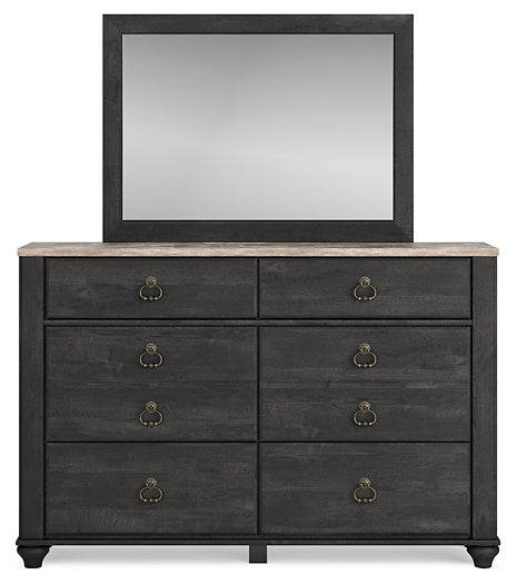 Nanforth King Panel Bed with Mirrored Dresser and 2 Nightstands