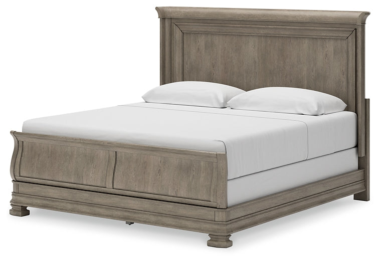 Lexorne King Sleigh Bed with Mirrored Dresser and Chest