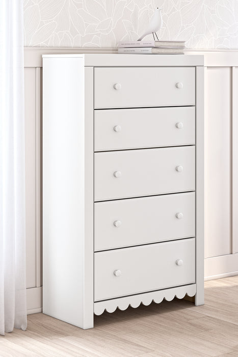 Mollviney Full Panel Storage Bed with Mirrored Dresser and Chest